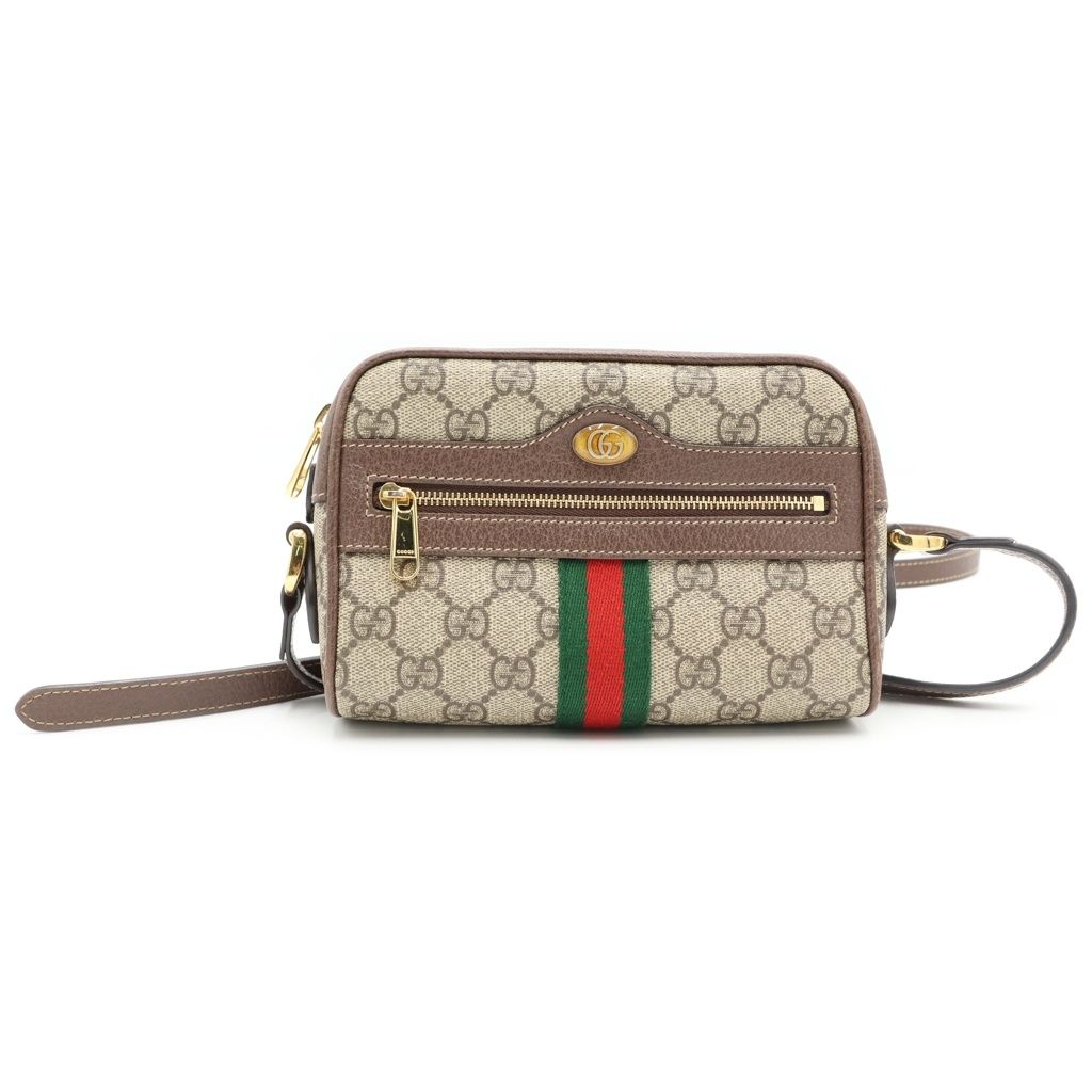 Gucci GG Supreme Ophidia Mini Shoulder Bag Brown Beige Leather Gold
