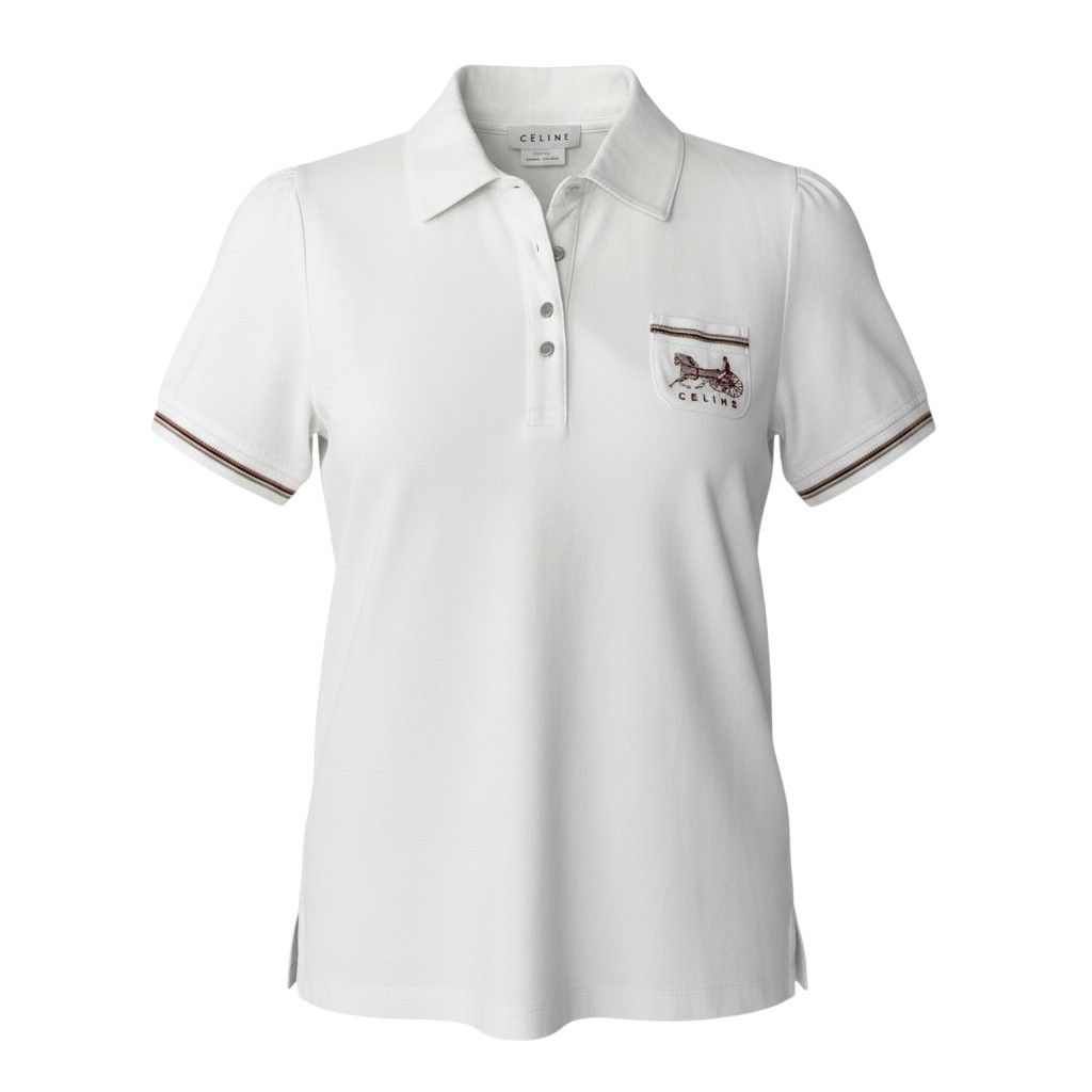 Celine Short Sleeve Polo Shirt Carriage Logo Embroidery Puff M White
