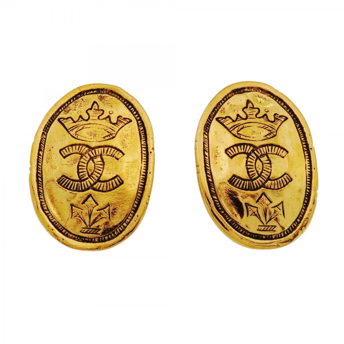Chanel Earrings Vintage CC Logo Crown Oval Gold Plated
