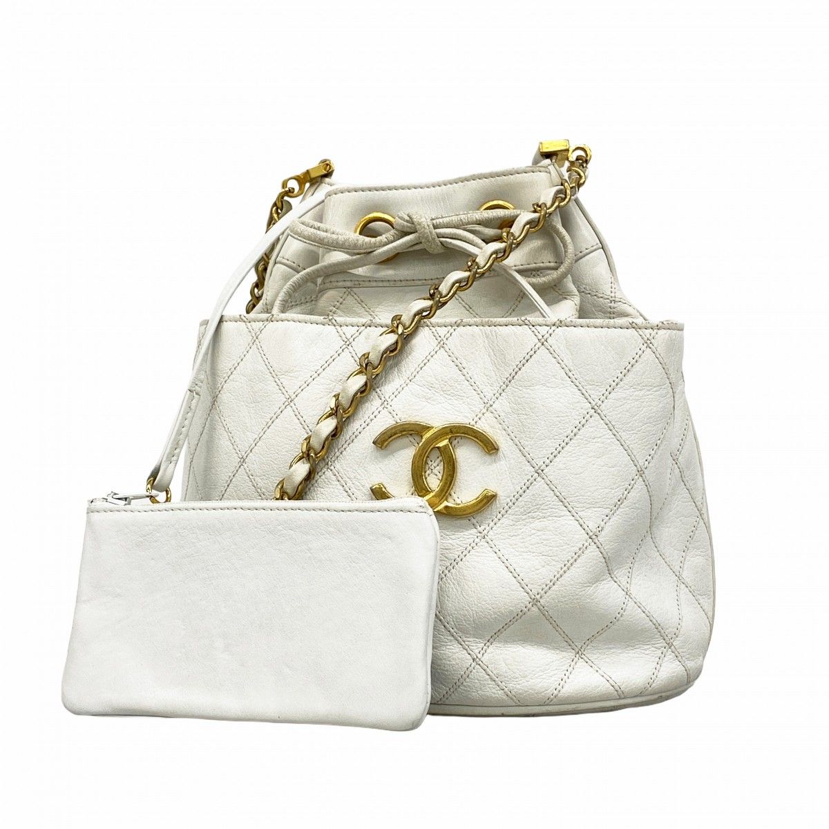 Chanel Shoulder Bag Bicolor Leather White Gold