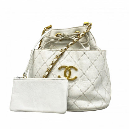 Chanel Shoulder Bag Bicolor Leather White Gold