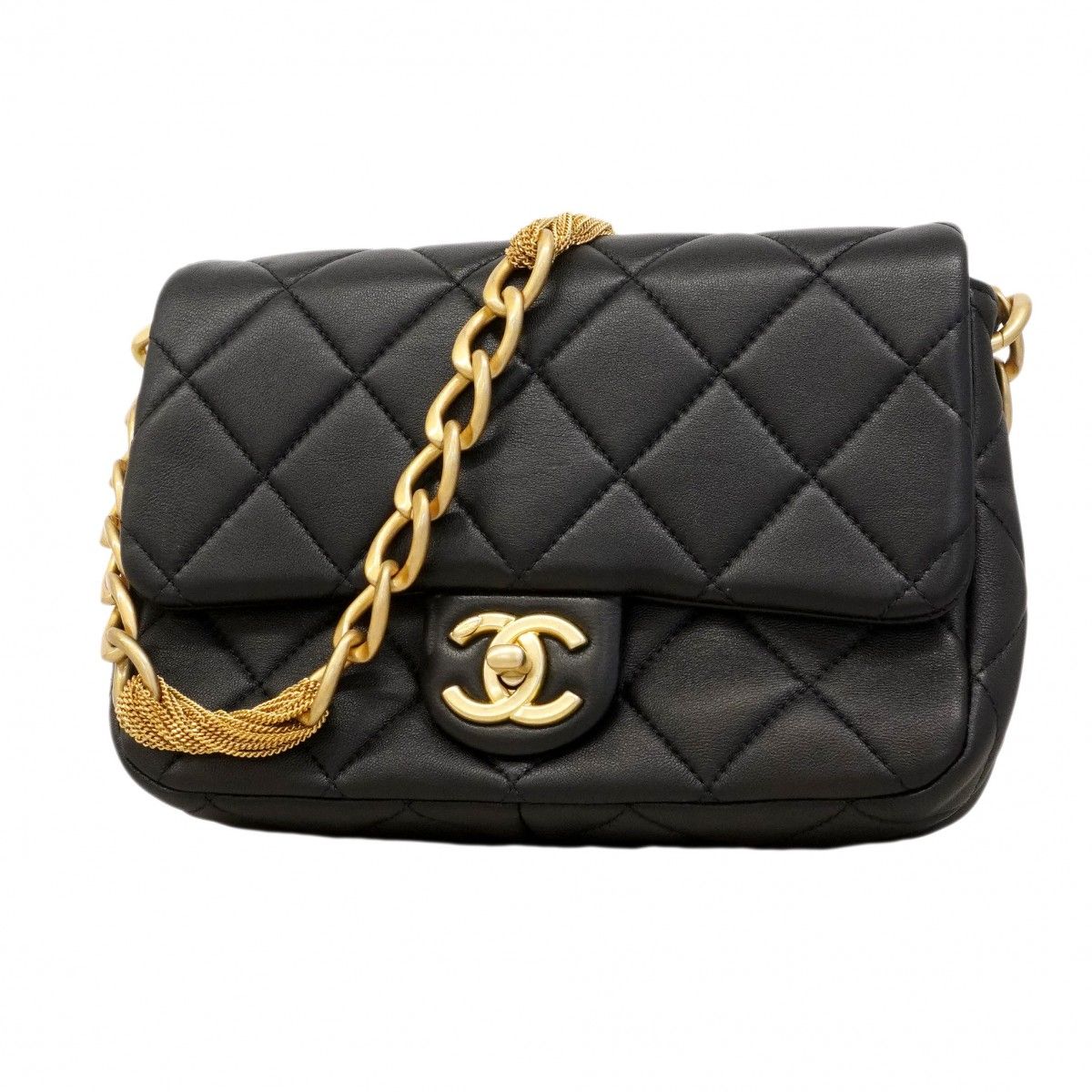 Chanel Shoulder Bag Quilted Leather Black Gold