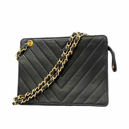 Chanel Shoulder Bag Stitch Lambskin Black Gold