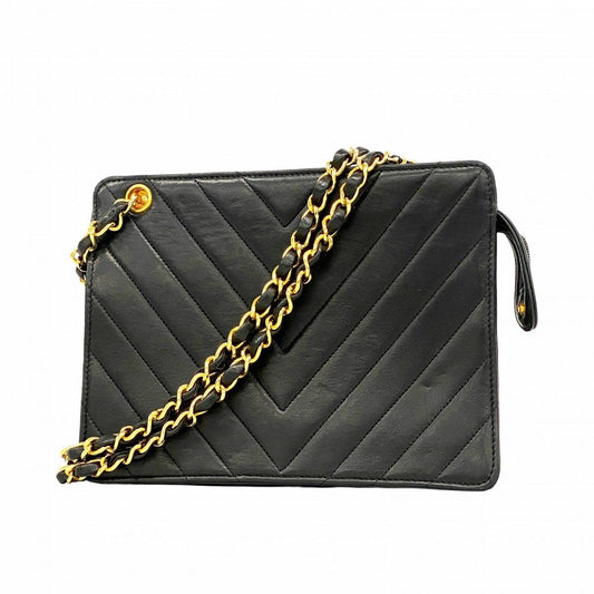 Chanel Shoulder Bag Stitch Lambskin Black Gold