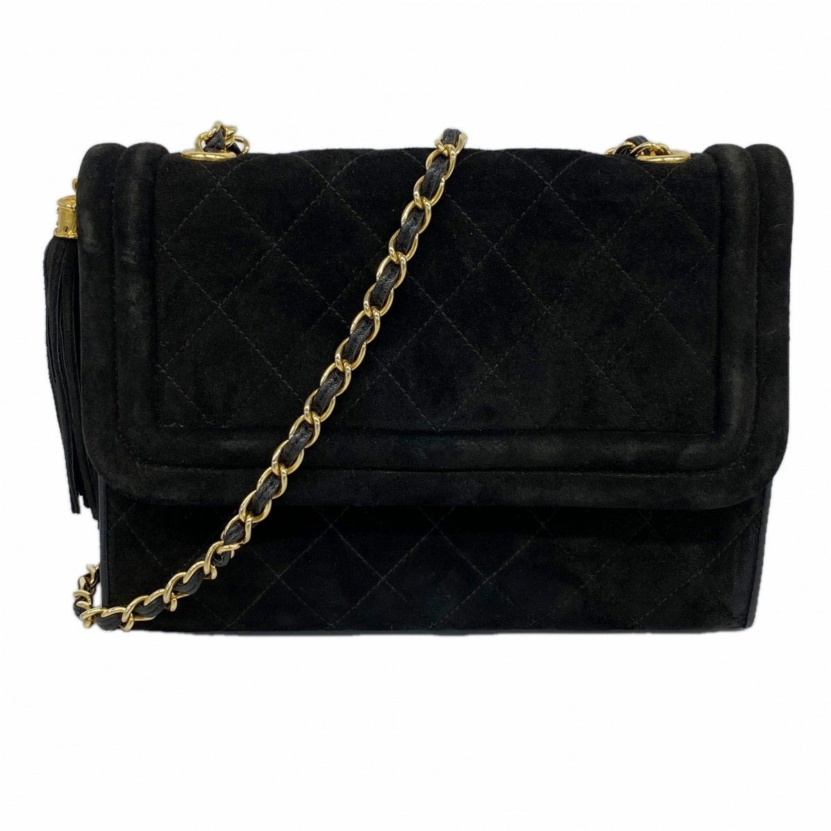 Chanel Shoulder Bag Quilted Suede Black Gold