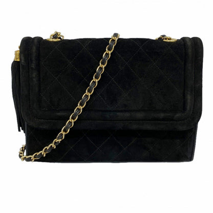 Chanel Shoulder Bag Quilted Suede Black Gold