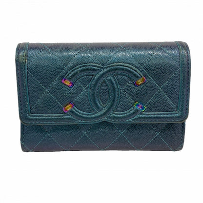 Chanel Wallet CC Filigree Caviar Leather Green Silver