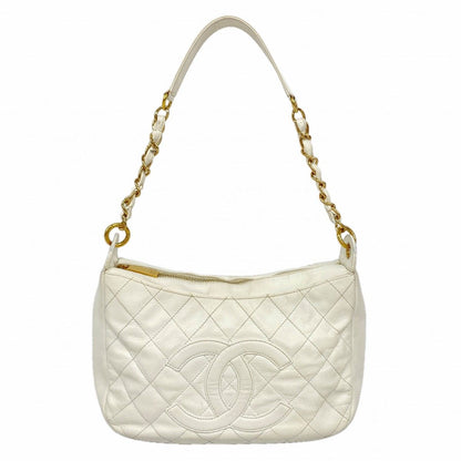Chanel Shoulder Bag Quilted Caviar Leather White Gold