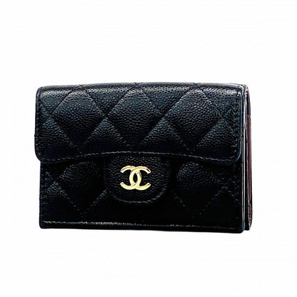 Chanel Trifold Wallet Quilted Caviar Leather Black Gold