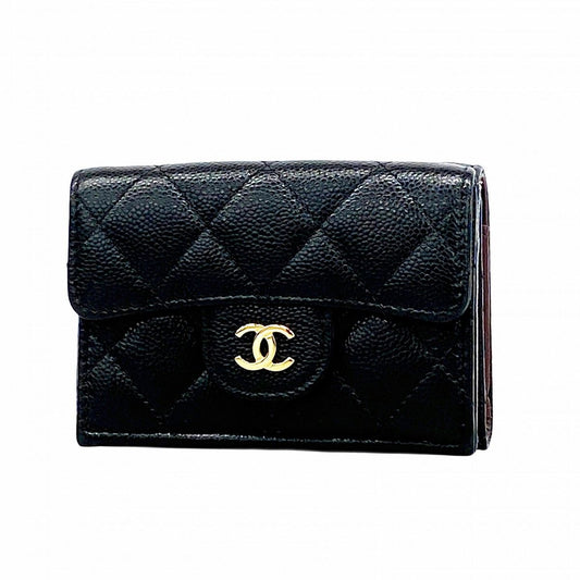 Chanel Trifold Wallet Quilted Caviar Leather Black Gold