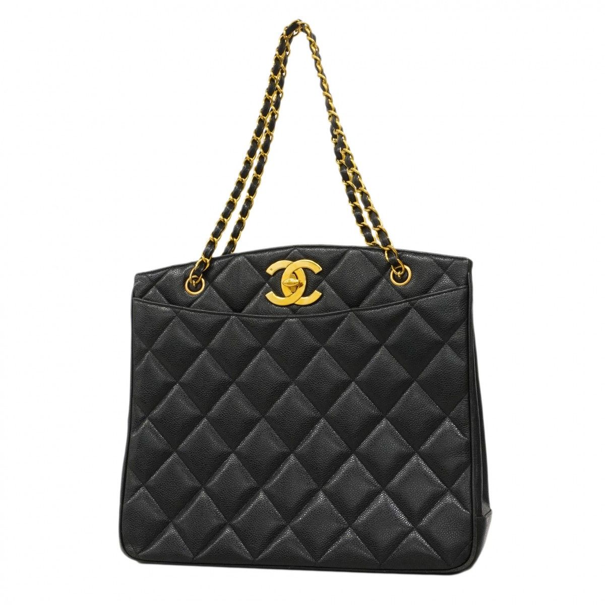 Chanel Chain Tote Quilted Jumbo CC Logo Caviar Leather Black Gold