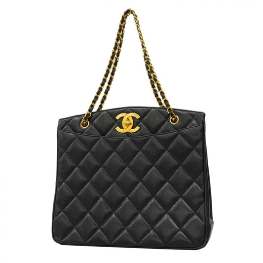 Chanel Chain Tote Quilted Jumbo CC Logo Caviar Leather Black Gold