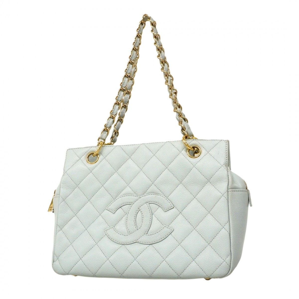 Chanel Chain Tote Quilted Caviar Leather Light Blue Gold