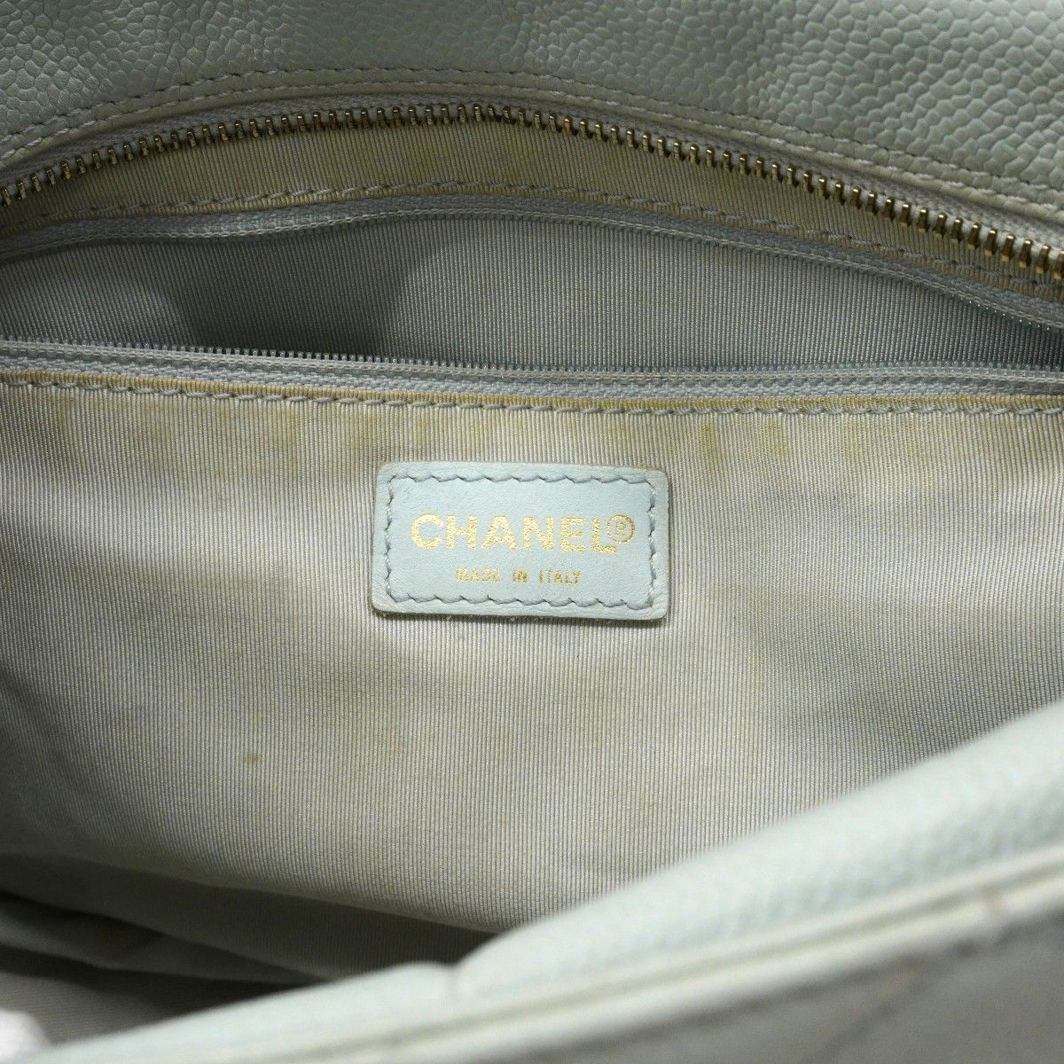 Chanel Chain Tote Quilted Caviar Leather Light Blue Gold — view 5