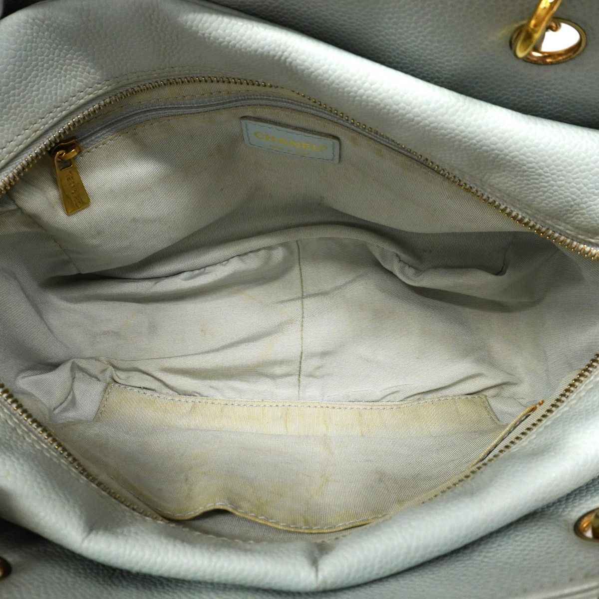 Chanel Chain Tote Quilted Caviar Leather Light Blue Gold — view 4