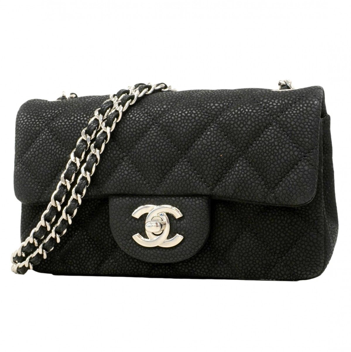 Chanel Shoulder Bag Mini Quilted Caviar Leather Black Silver