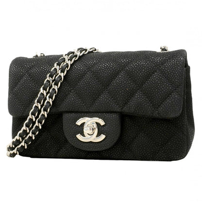 Chanel Shoulder Bag Mini Quilted Caviar Leather Black Silver