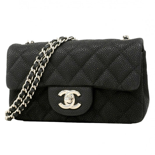 Chanel Shoulder Bag Mini Quilted Caviar Leather Black Silver