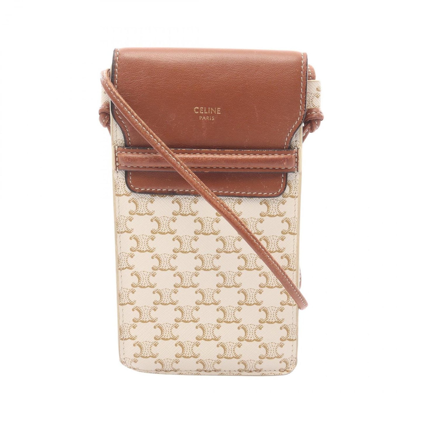 Celine Shoulder Bag Triomphe Phone Folder White Brown Canvas Leather Mobile