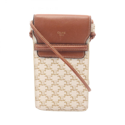 Celine Shoulder Bag Triomphe Phone Folder White Brown Canvas Leather Mobile