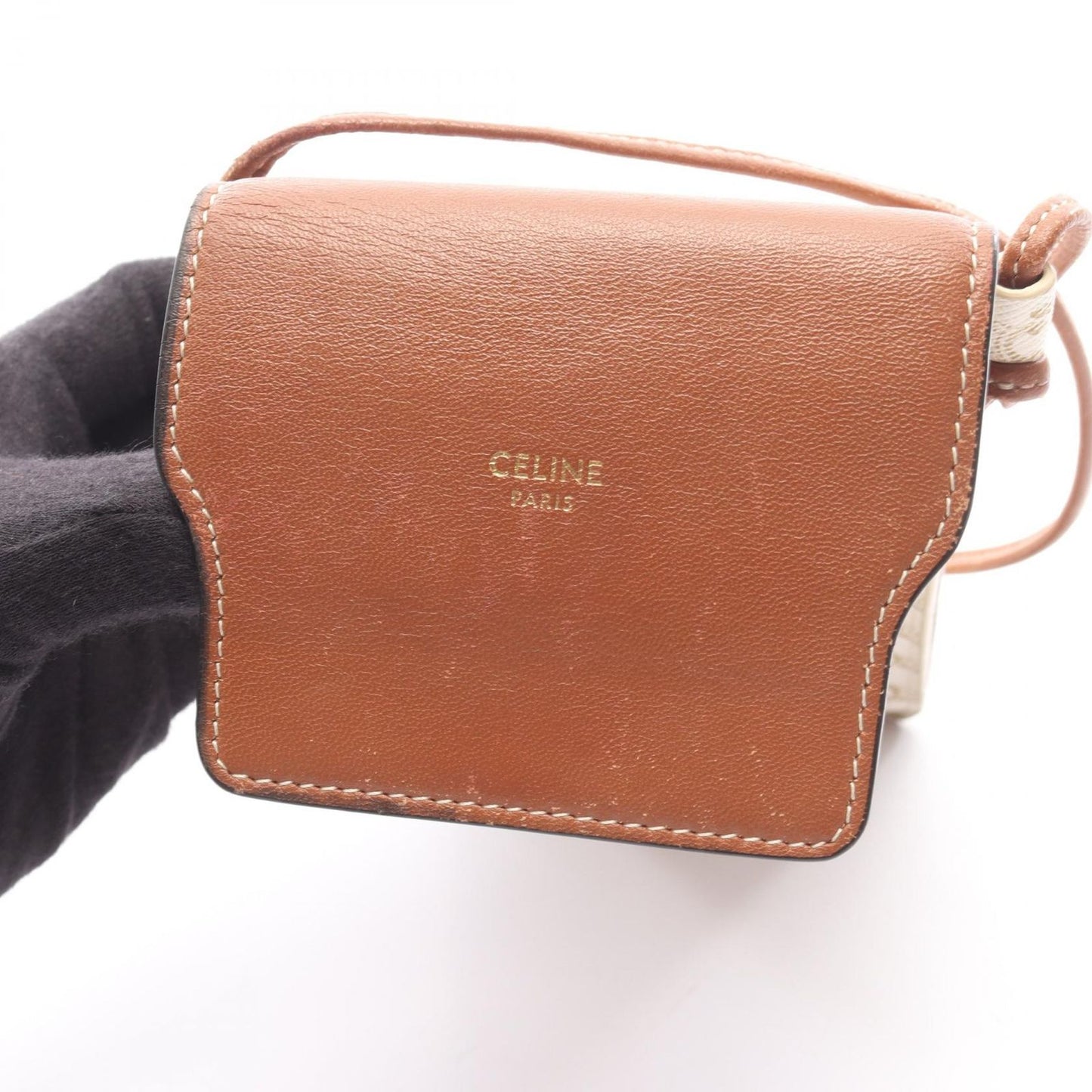 Celine Shoulder Bag Triomphe Phone Folder White Brown Canvas Leather Mobile — view 5