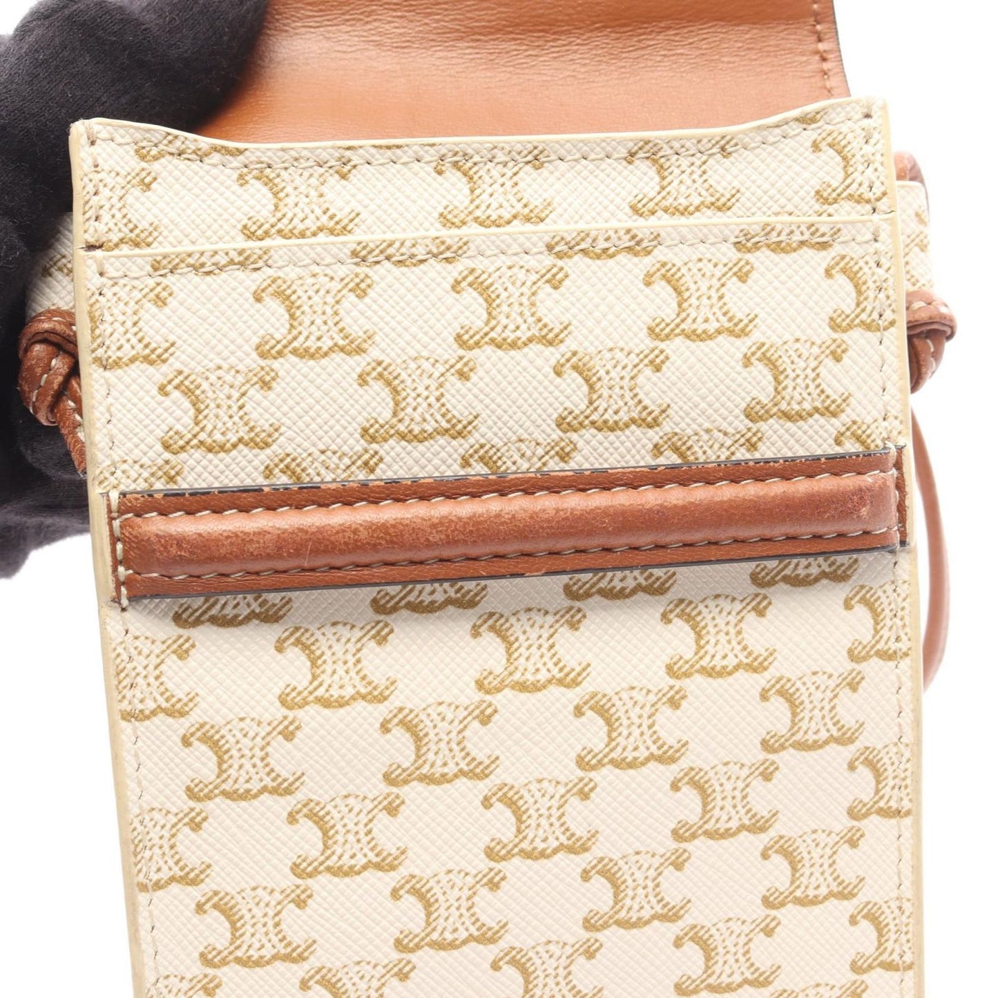 Celine Shoulder Bag Triomphe Phone Folder White Brown Canvas Leather Mobile — view 6