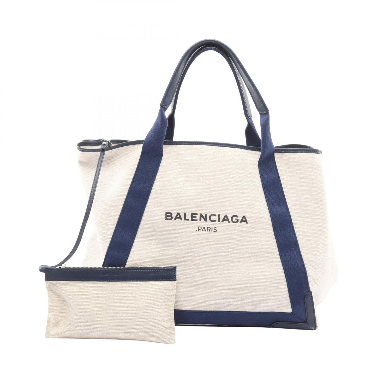 Balenciaga Tote Navy Cabas Cover M 2-Way White Canvas Leather