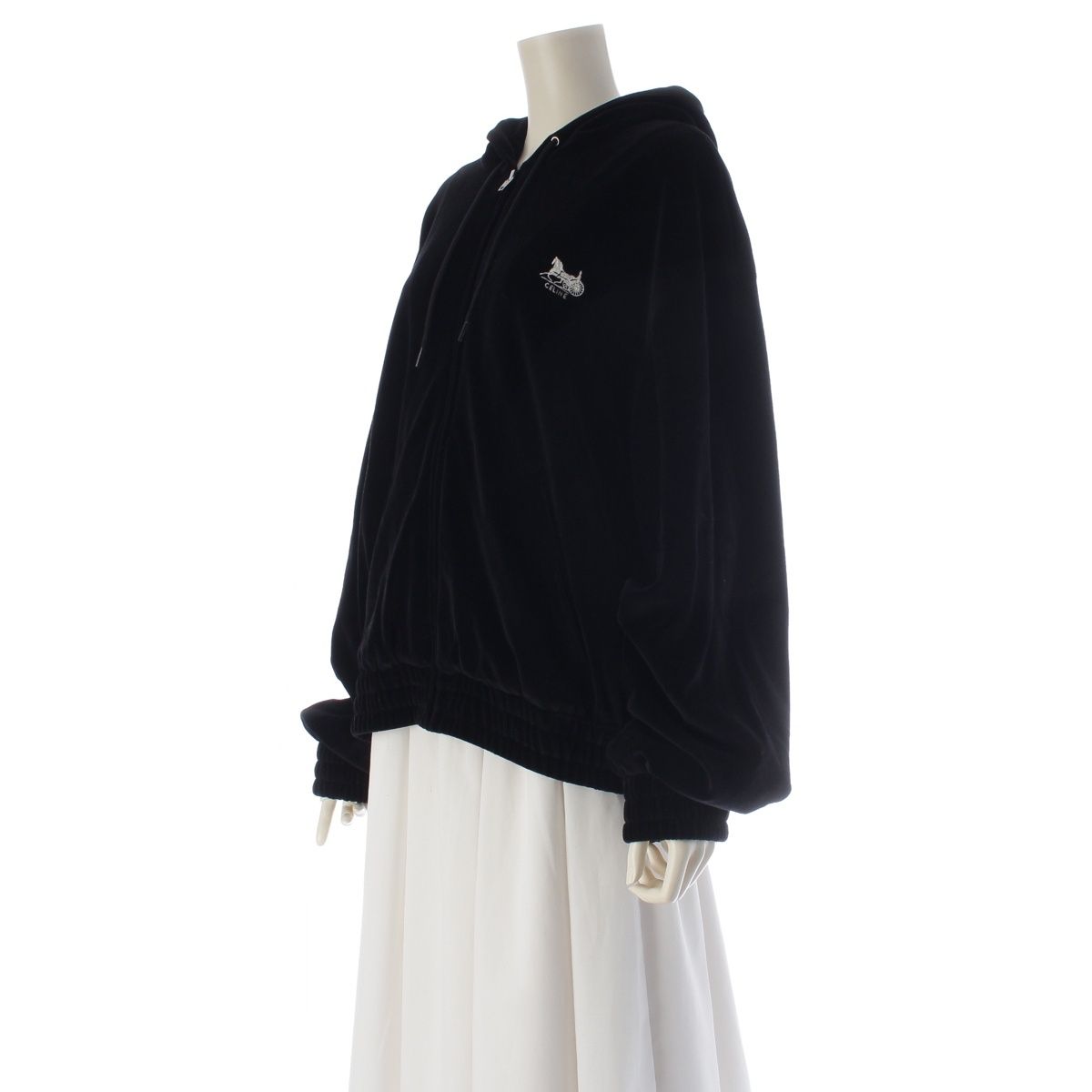 Celine Cotton Velvet Logo Embroidery Carriage Loose Zip Up Hoodie Black XL — view 2