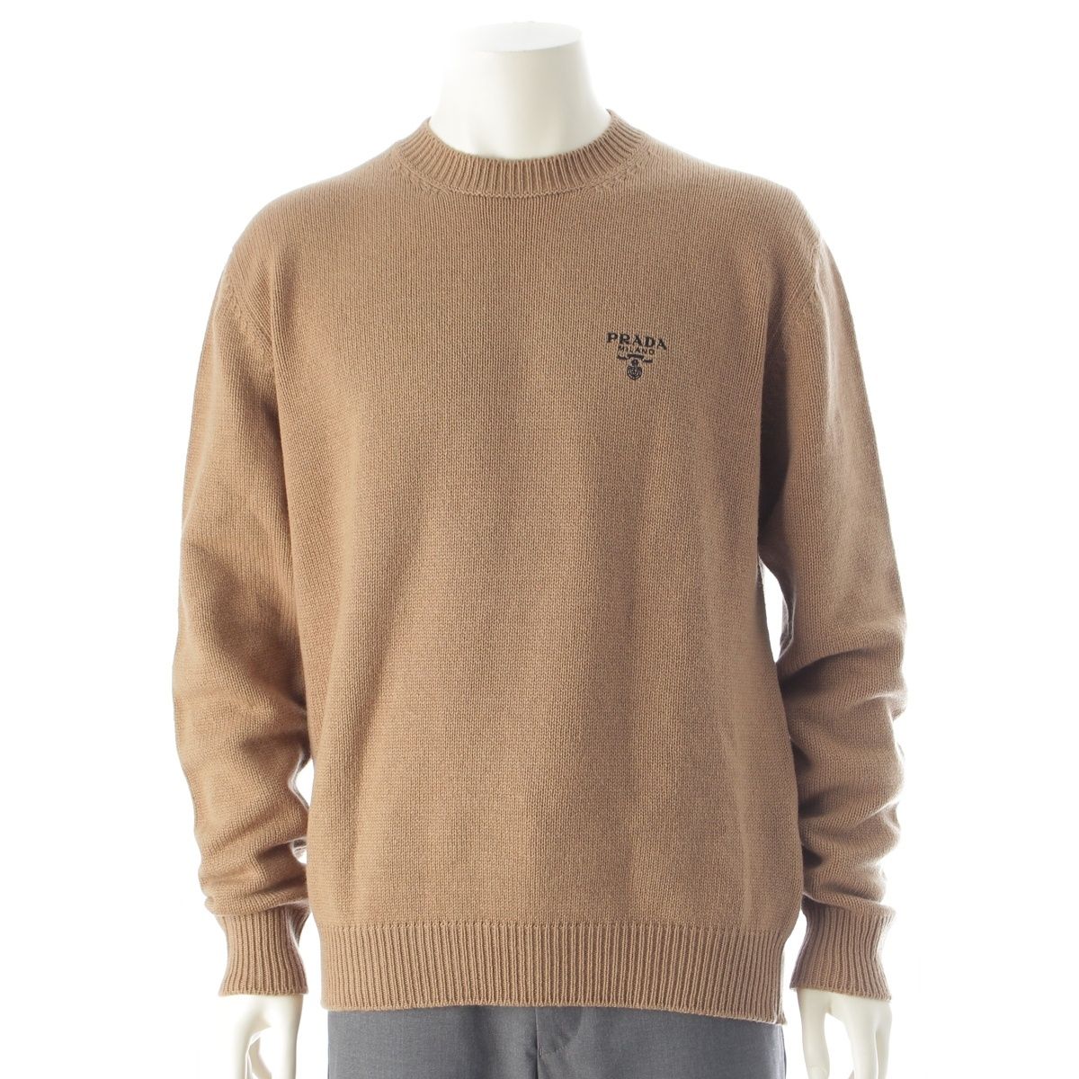 Prada Cashmere Front Logo Crew Neck Knit Sweater Top Brown 50