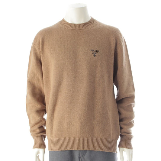 Prada Cashmere Front Logo Crew Neck Knit Sweater Top Brown 50