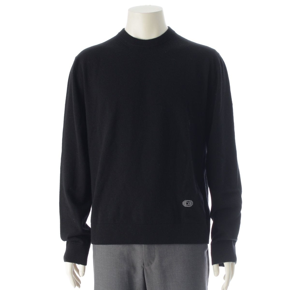Dior Wool Cashmere CD Logo Embroidery Box Crew Neck Knit Sweater Top Black