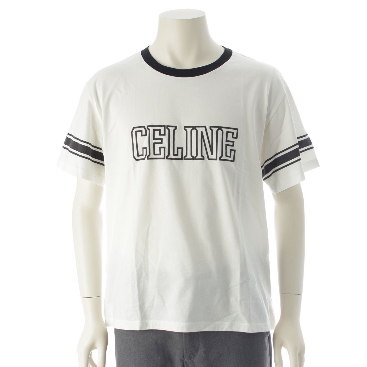 Celine Ringer Logo Print Crew Neck Short Sleeve T-Shirt Top White