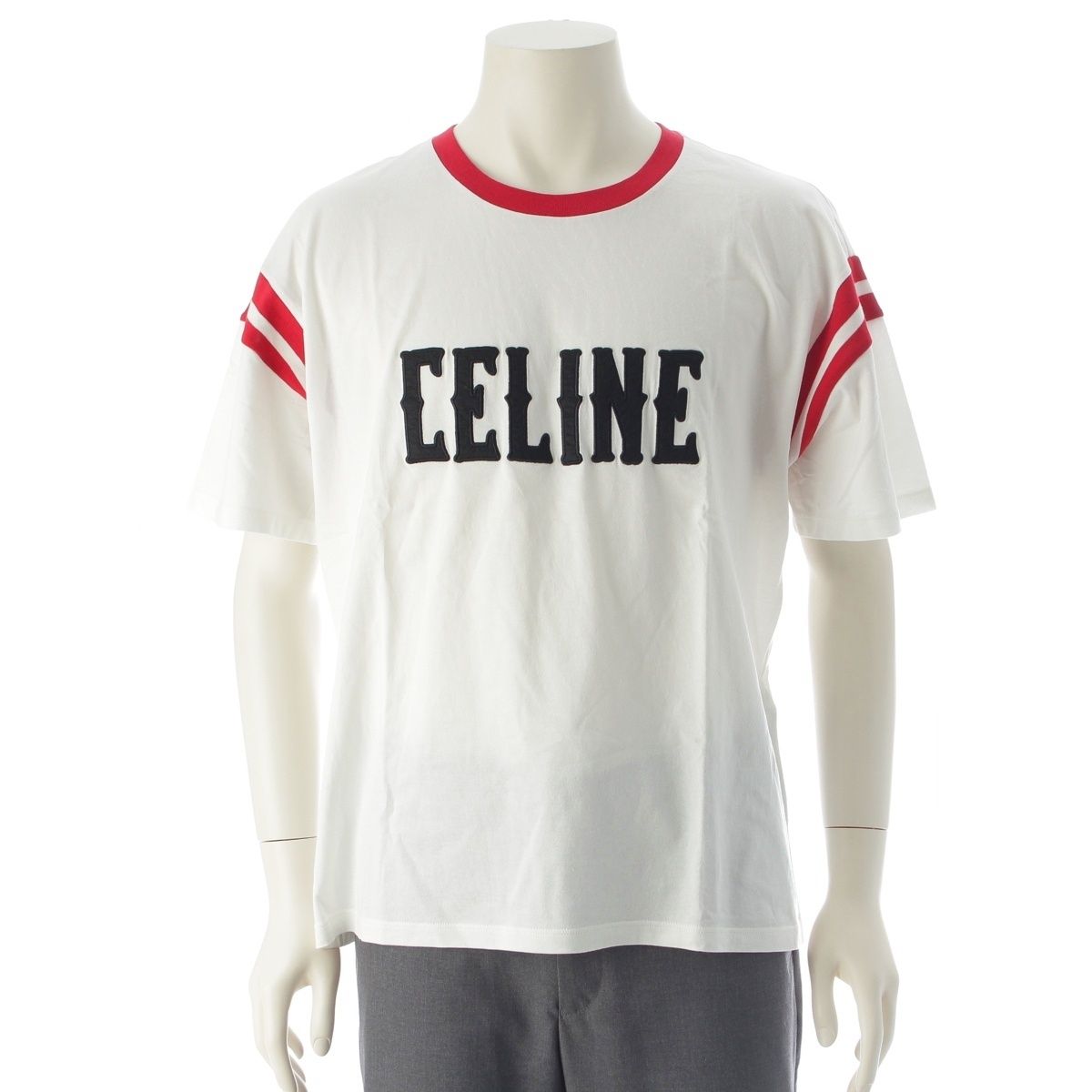 Celine Ringer Logo Patch Neck Short Sleeve T-Shirt Top White