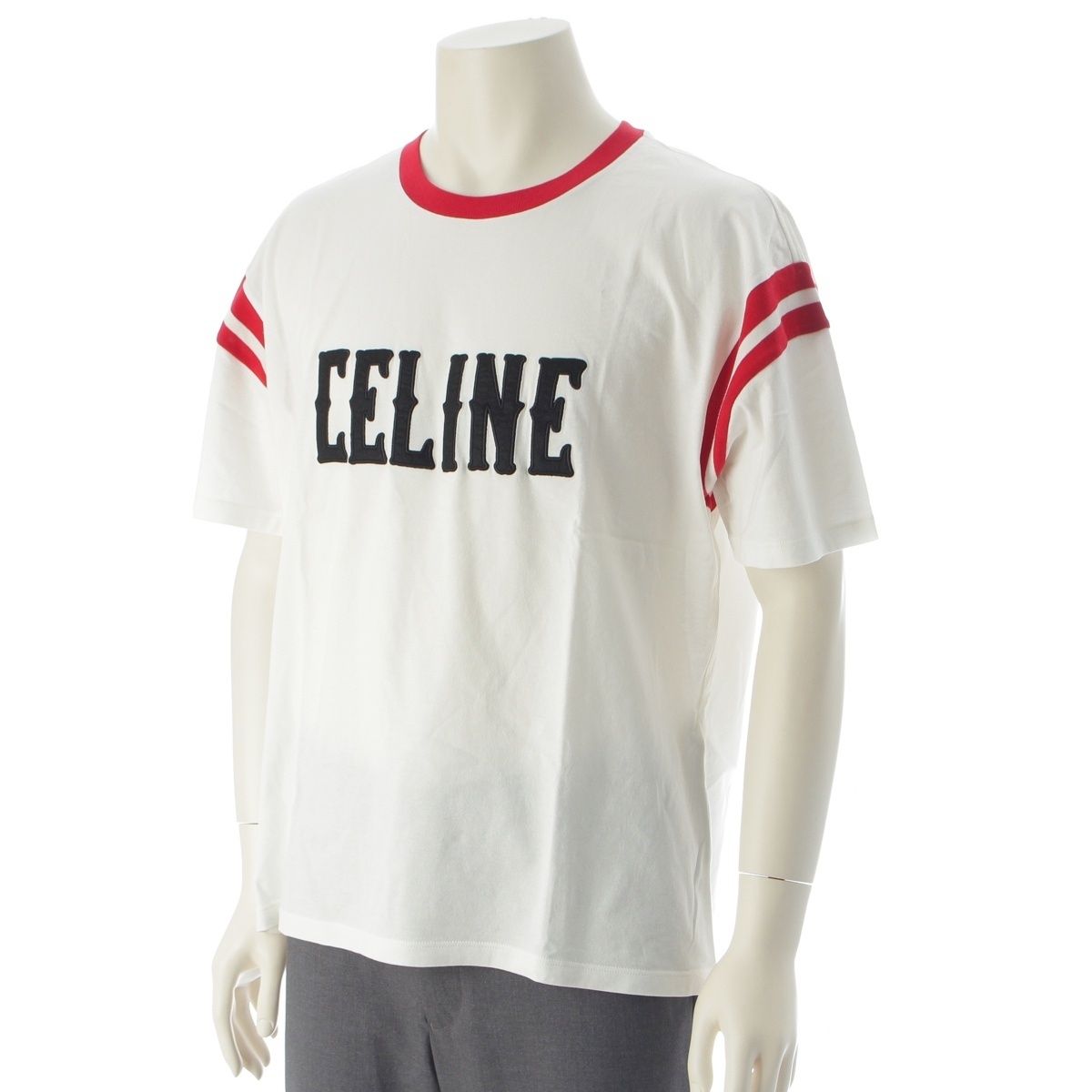 Celine Ringer Logo Patch Neck Short Sleeve T-Shirt Top White — view 2