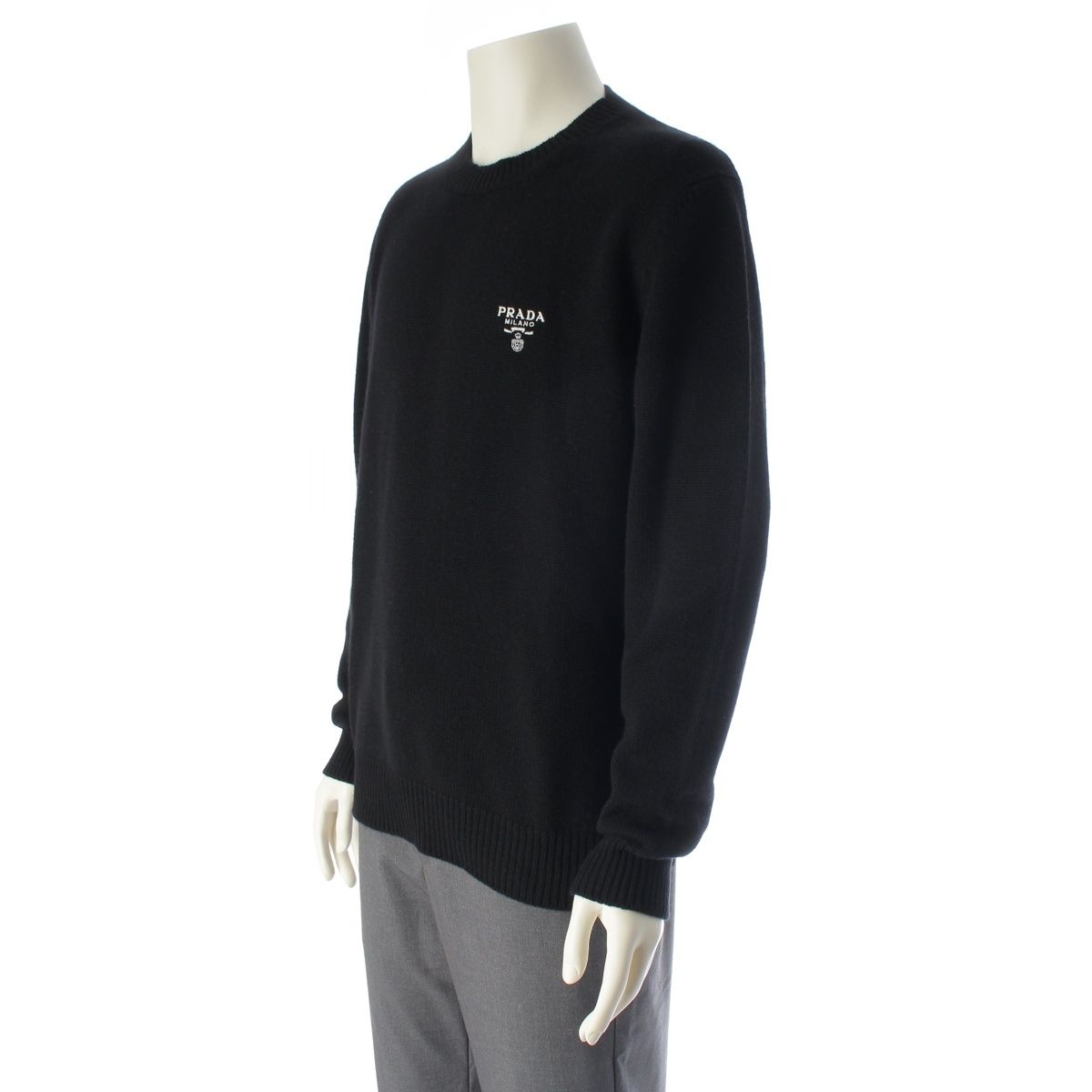 Prada Cashmere Front Logo Crew Neck Knit Sweater Black 50 — view 2