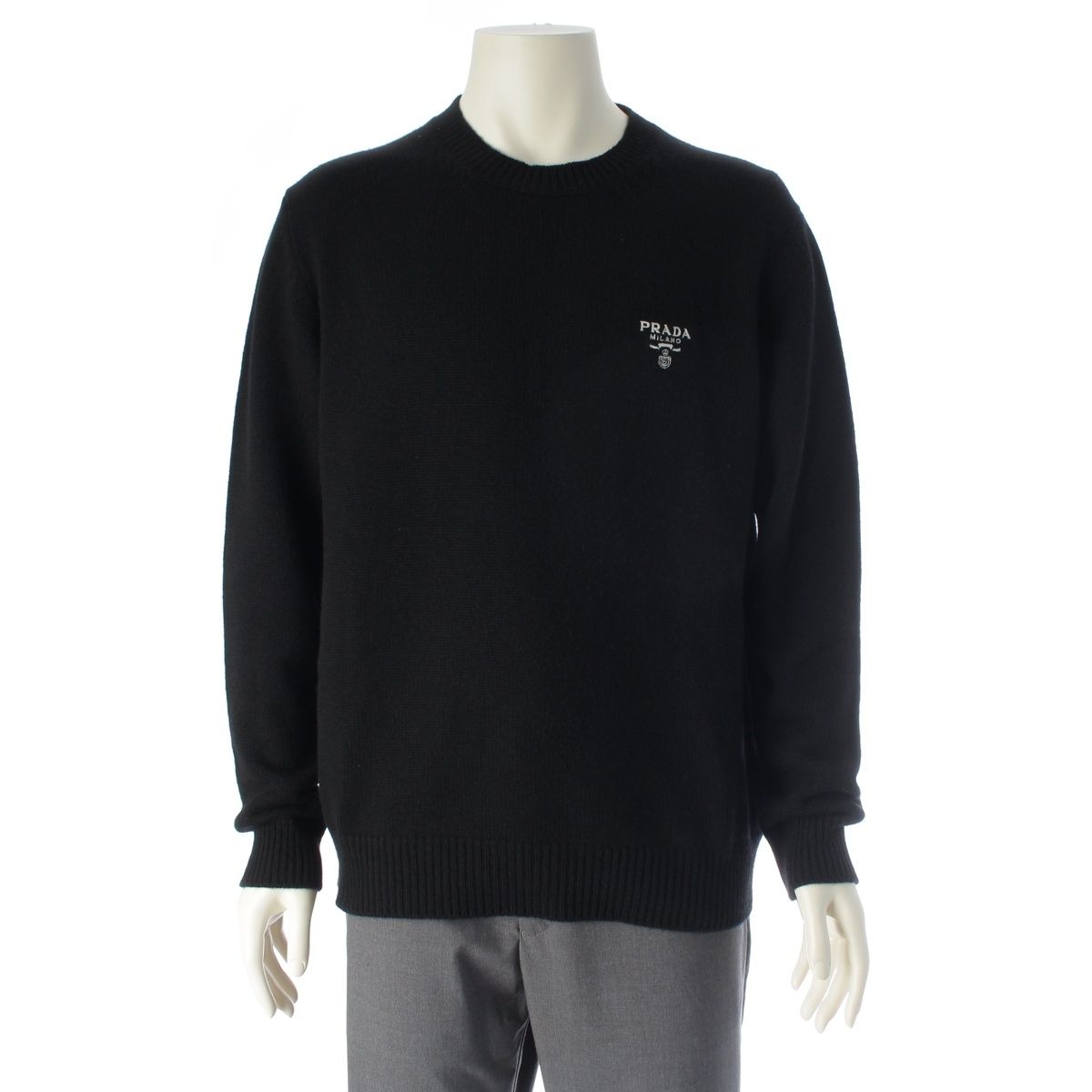 Prada Cashmere Front Logo Crew Neck Knit Sweater Black 50