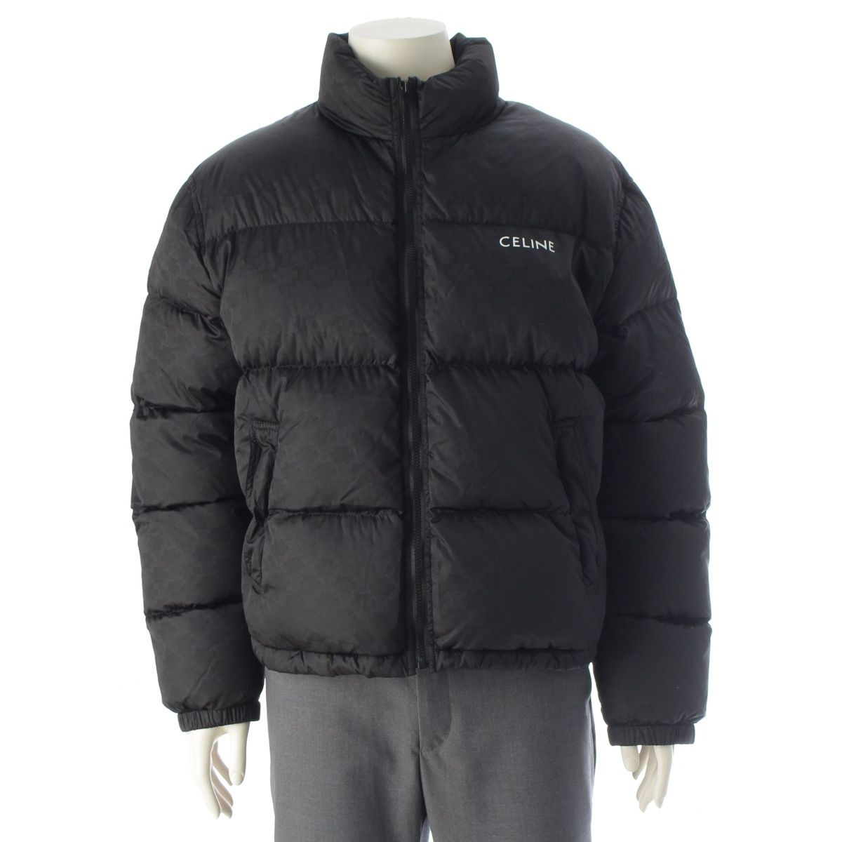 Celine Nylon Triomphe All Over Pattern Logo Embroidery Down Jacket Black 50