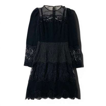 Dolce & Gabbana Lace Dress Contrast Puff Sleeve 36 Black See Image — view 2