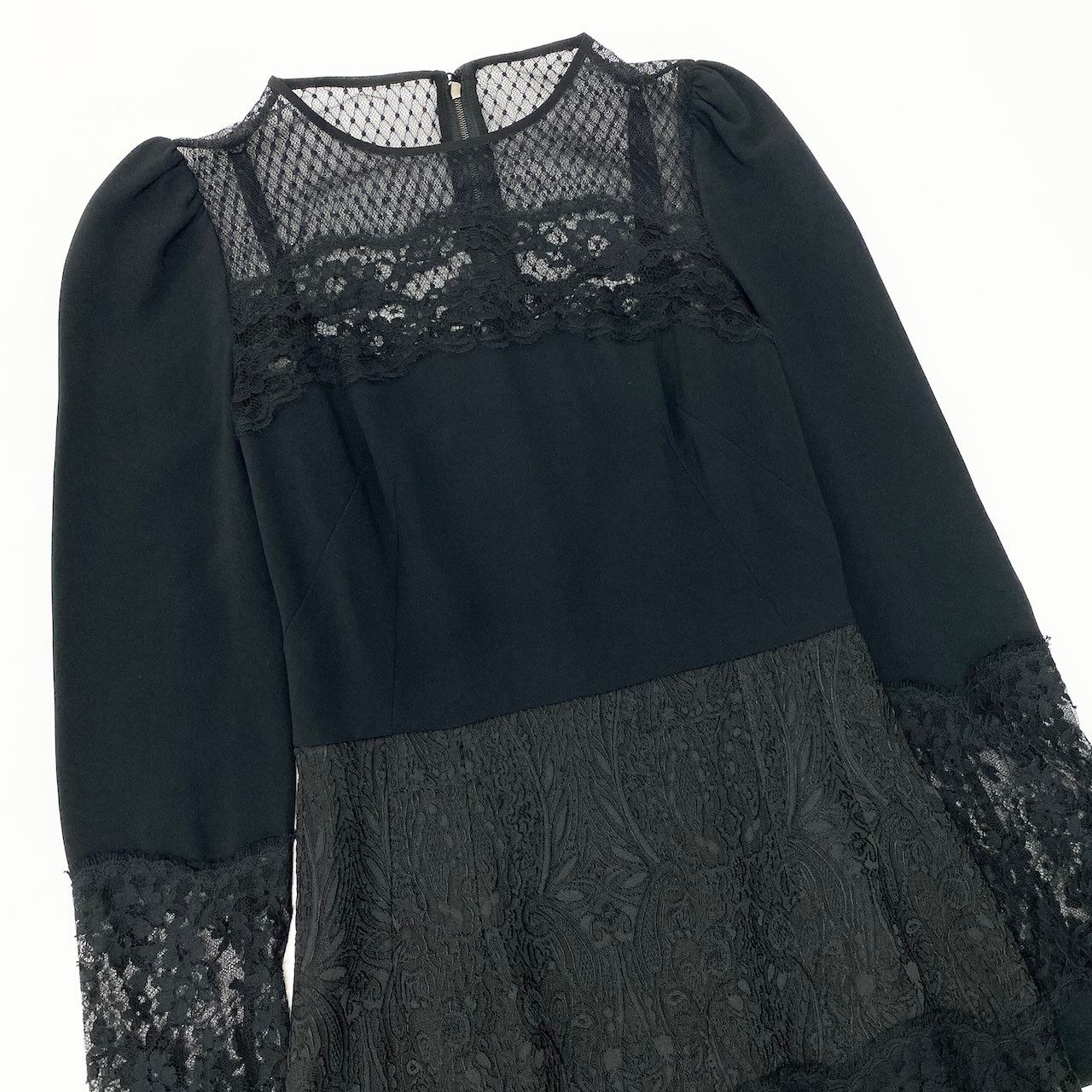 Dolce & Gabbana Lace Dress Contrast Puff Sleeve 36 Black See Image — view 4