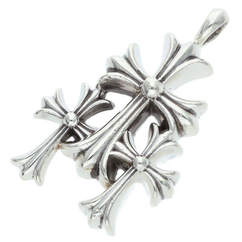 Chrome Hearts 3 CH Crs Sml Triple CH Cross Small Silver Necklace Top