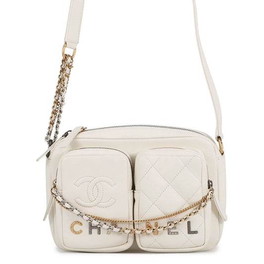Chanel Shoulder Bag Small CC Logo Quilted Lambskin White
