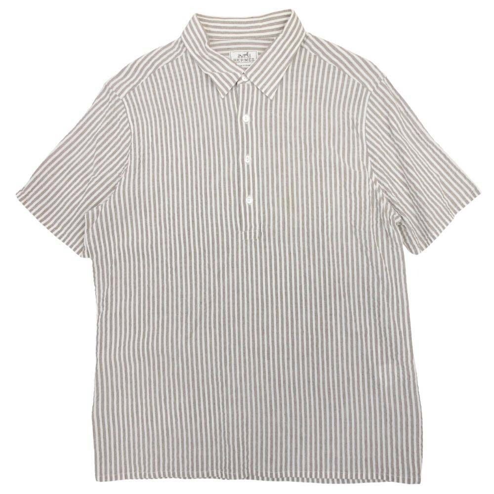 Hermes Era Linen Shirt Top Short Sleeve Leo Button 42 16.5 Gray Second