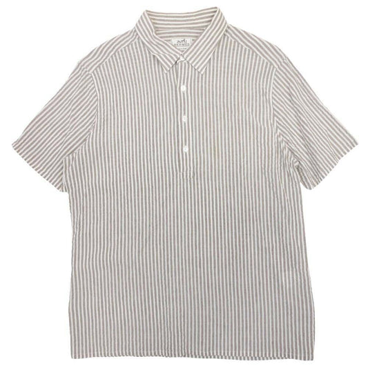 Hermes Era Linen Shirt Top Short Sleeve Leo Button 42 16.5 Gray Second