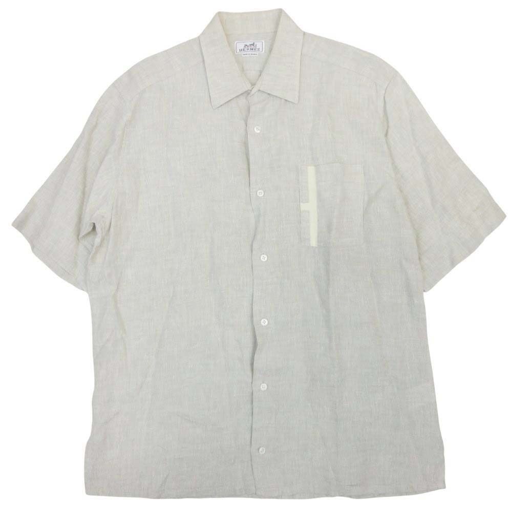 Hermes Era Linen Logo Shirt Top Short Sleeve 42 16.5 Gray Second