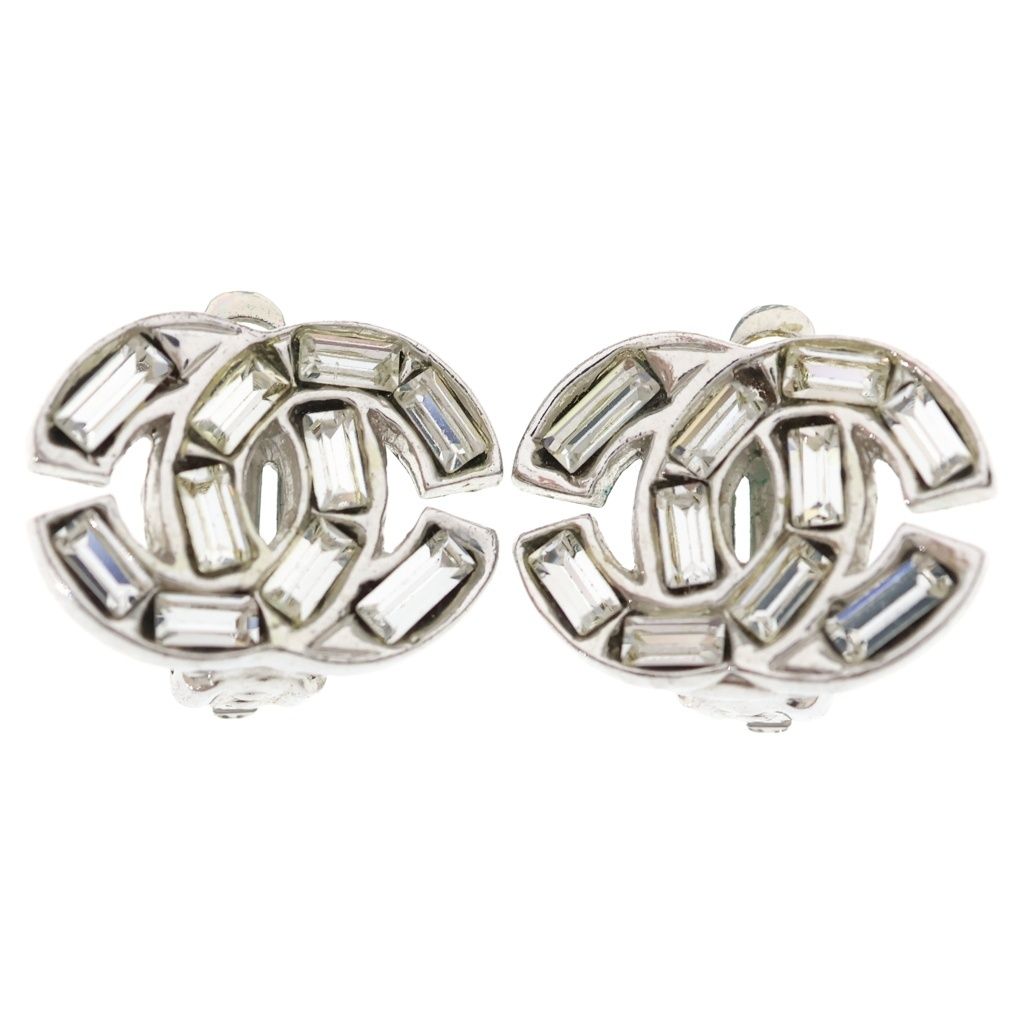Chanel CC Logo Rhinestone Bucket Earrings Silver Metal