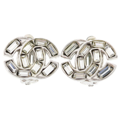 Chanel CC Logo Rhinestone Bucket Earrings Silver Metal