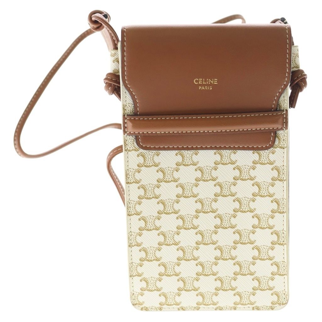 Celine Triomphe Canvas Leather Shoulder Mobile Pouch Brown Ivory