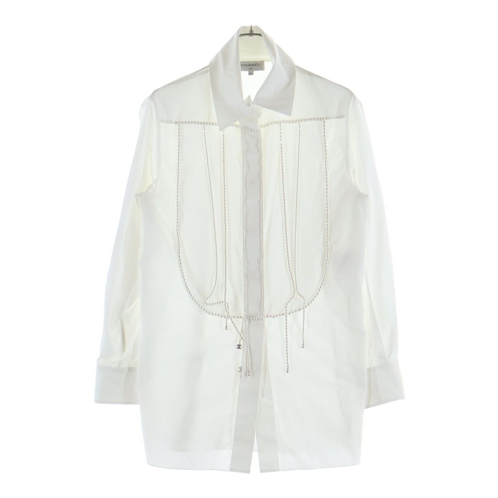 Chanel CC Logo Sequin Pearl Decor Embellishment Shirt White