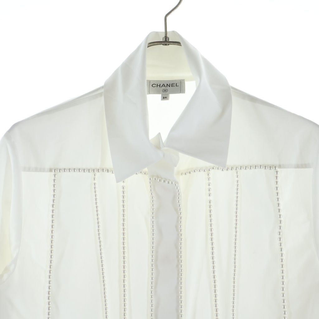 Chanel CC Logo Sequin Pearl Decor Embellishment Shirt White — view 3