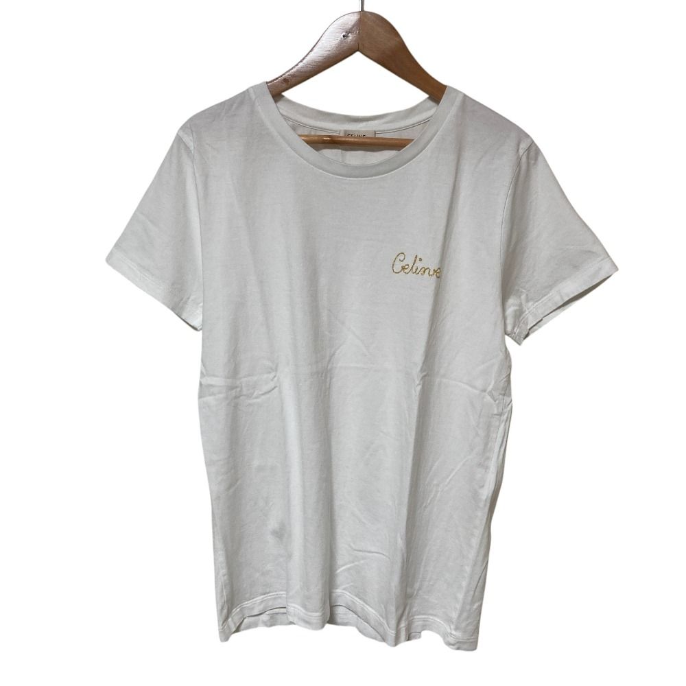 Celine Logo Short Sleeve Shirt Top Saz White LadySecond